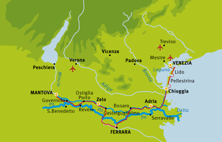 Mappa Venezia-Mantova in bicicletta o minibus